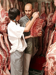 FuckCult presents: Teenage brunette gets dirty with the butcher his big meat