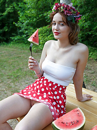 FuckCult presents: Nice belarusian stunner Rokki removes all clothes on a blanket in a backyard